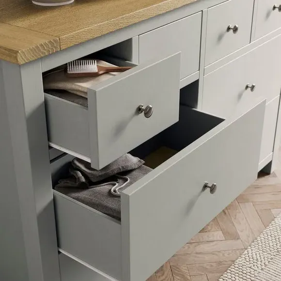 Wide 8 Drawer Chest with Oak Top - Grey