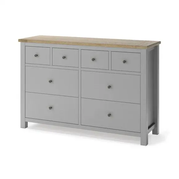 Wide 8 Drawer Chest with Oak Top - Grey