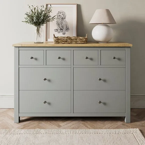 Wide 8 Drawer Chest with Oak Top - Grey image