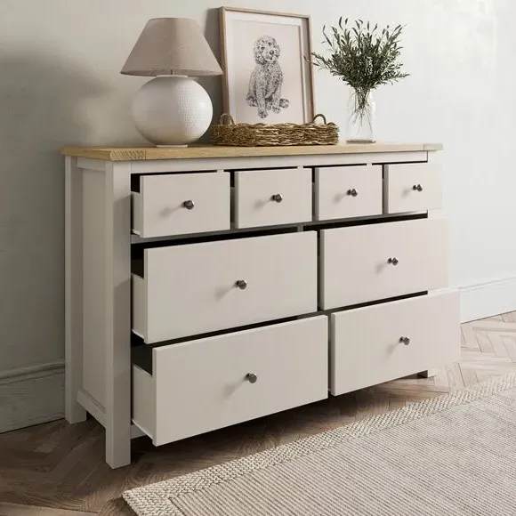Wide 8 Drawer Chest with Oak Top - Stone