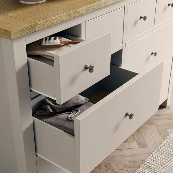 Wide 8 Drawer Chest with Oak Top - Stone