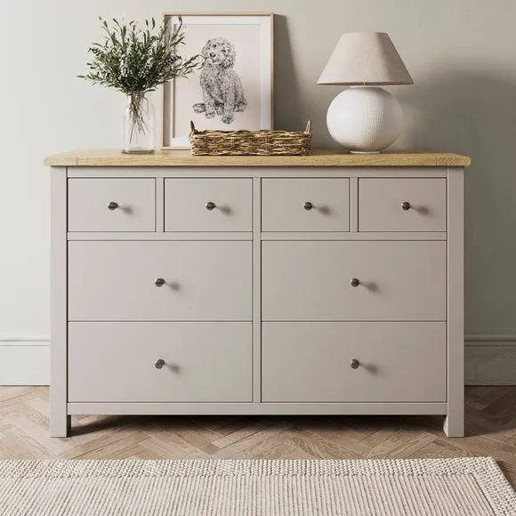 Wide 8 Drawer Chest with Oak Top - Stone
