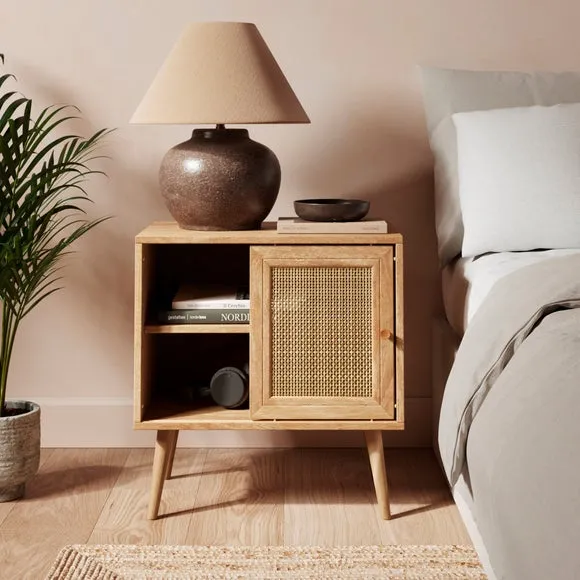 Wide Bedside Table with Sliding Door - Light Wood