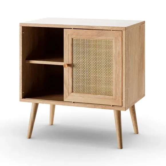 Wide Bedside Table with Sliding Door - Light Wood