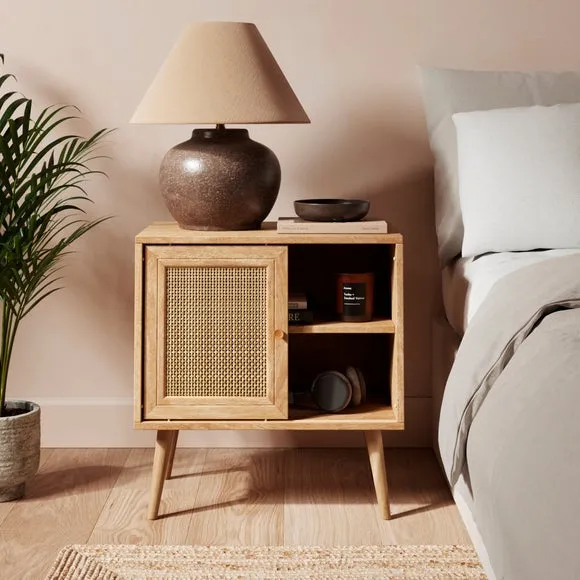 Wide Bedside Table with Sliding Door - Light Wood image