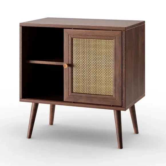 Wide Bedside Table with Sliding Door - Walnut