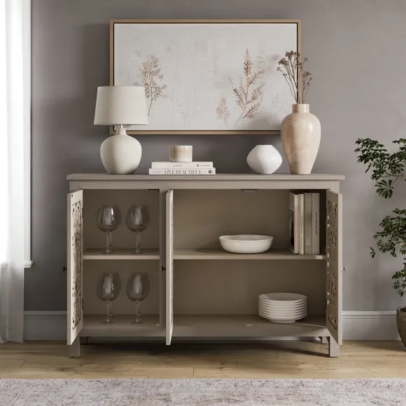 Wide Sideboard with Carved Details - Grey