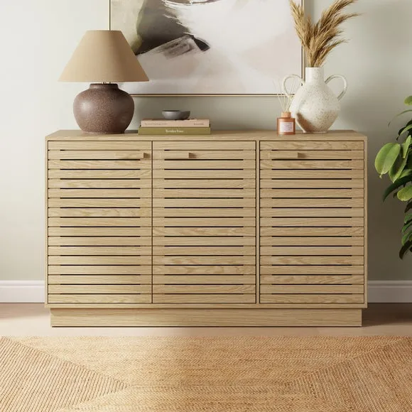 Wide Sideboard with Slatted Front - Light Wood