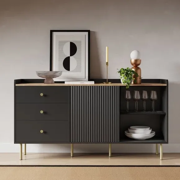 Wide Sideboard with Sliding Doors - Black