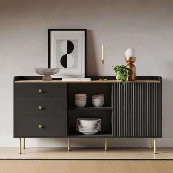 Wide Sideboard with Sliding Doors - Black