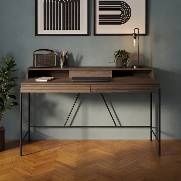 Wide Storage Desk with Drawers - Walnut, Wood