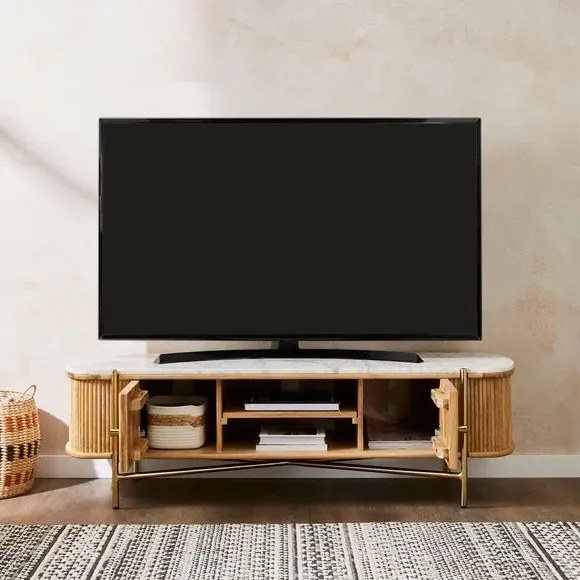 Wide TV Unit with Fluted Design - Brown, Mango Wood