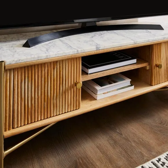 Wide TV Unit with Fluted Design - Brown, Mango Wood