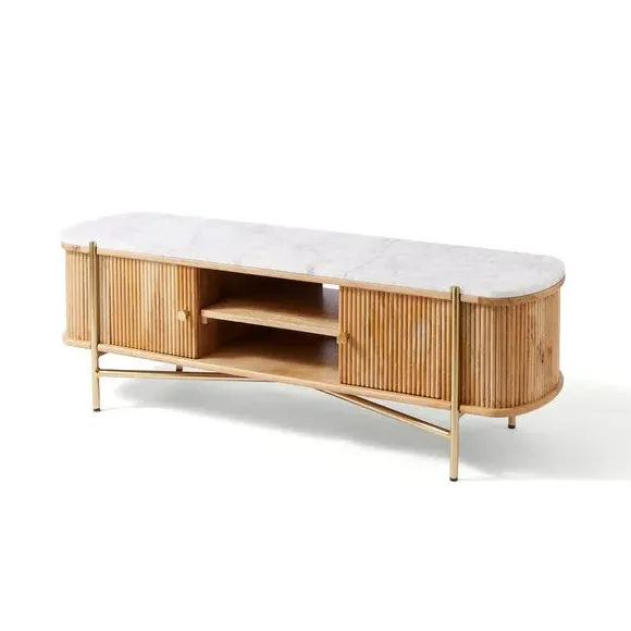Wide TV Unit with Fluted Design - Brown, Mango Wood