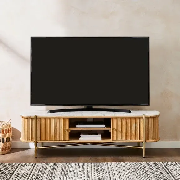 Wide TV Unit with Fluted Design - Brown, Mango Wood image