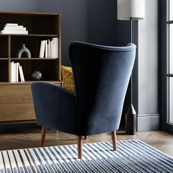 Wing Armchair with Flared Arms - Navy, Velvet