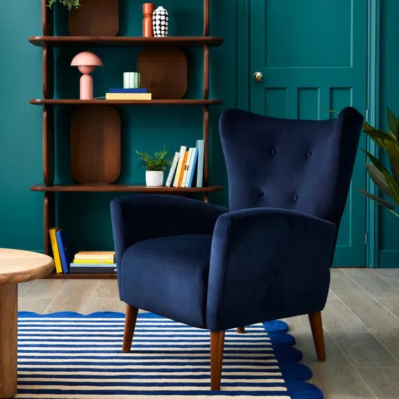Wing Armchair with Flared Arms - Navy, Velvet