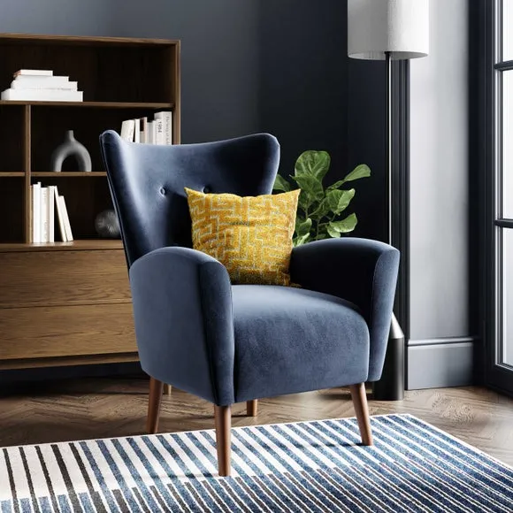 Wing Armchair with Flared Arms - Navy, Velvet