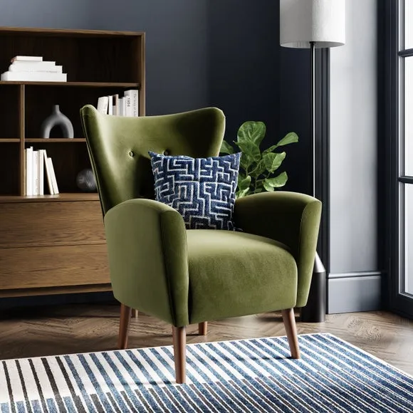 Wing Armchair with Flared Arms - Olive, Velvet