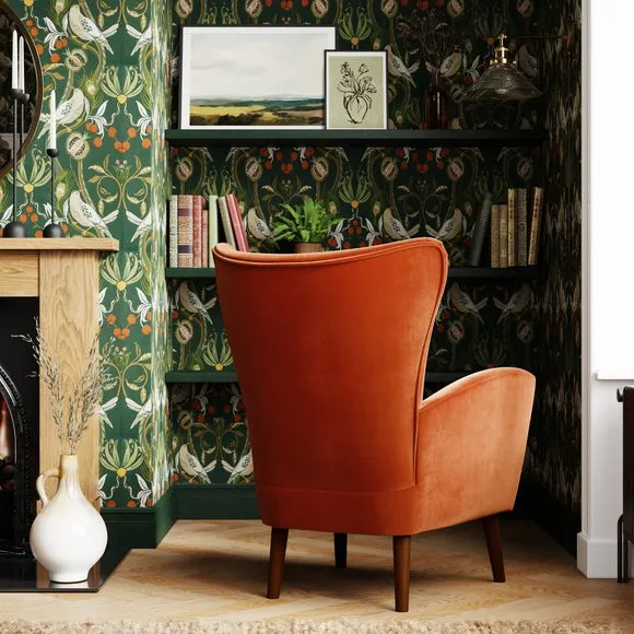 Wing Armchair with Flared Arms - Rust, Velvet