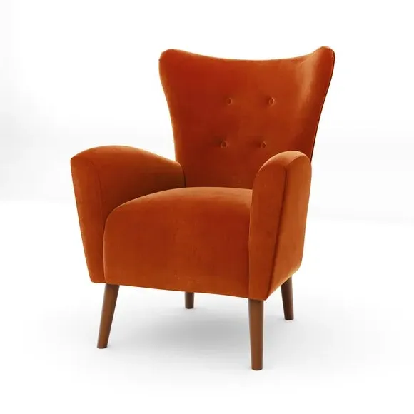 Wing Armchair with Flared Arms - Rust, Velvet