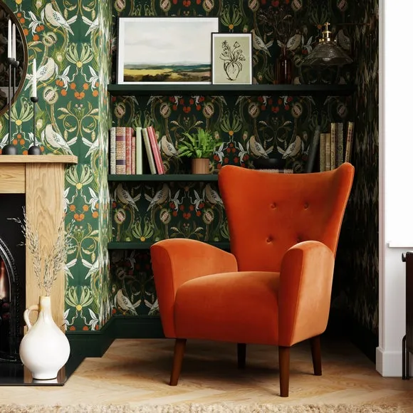 Wing Armchair with Flared Arms - Rust, Velvet