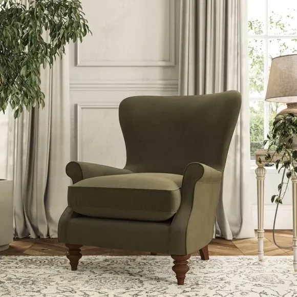 Wingback Armchair with Scalloped Back - Olive
