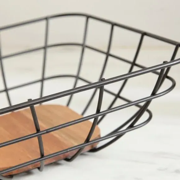 Wire Fruit Basket - Black, Acacia Wood