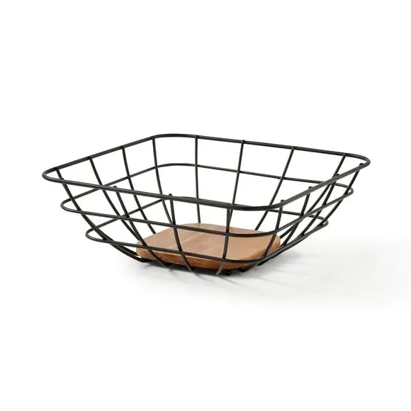 Wire Fruit Basket - Black, Acacia Wood