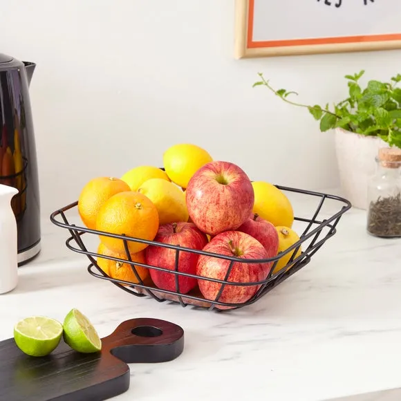 Wire Fruit Basket - Black, Acacia Wood image