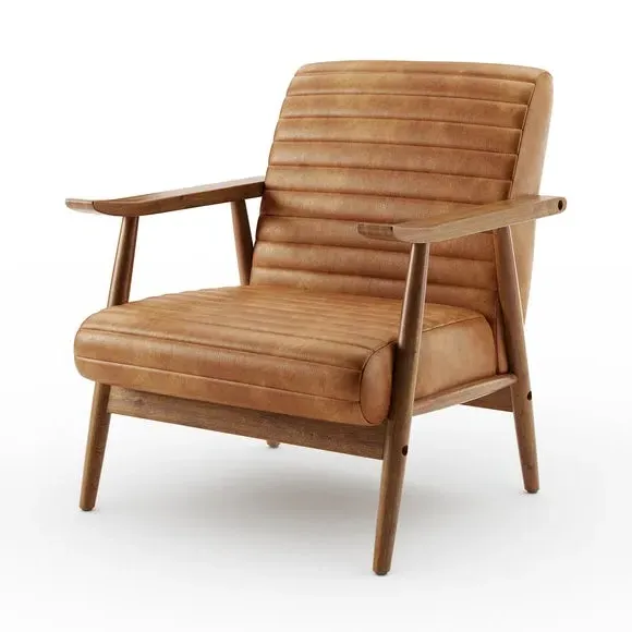 Wooden Arm Accent Chair - Tan, Faux Leather