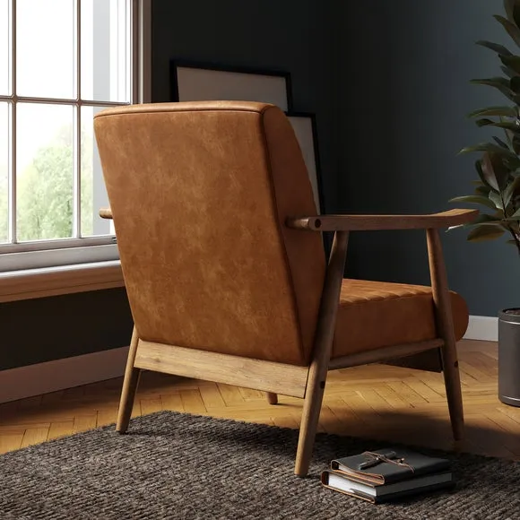 Wooden Arm Accent Chair - Tan, Faux Leather