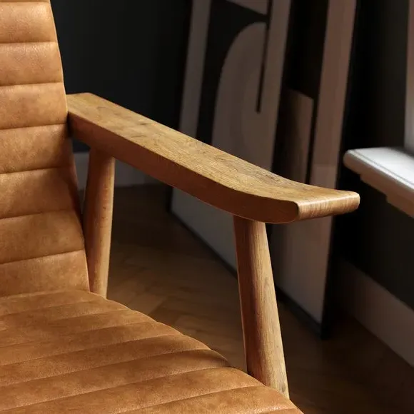 Wooden Arm Accent Chair - Tan, Faux Leather
