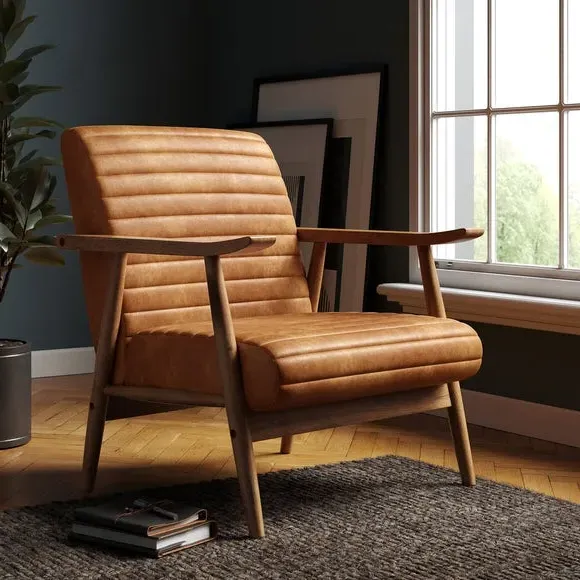 Wooden Arm Accent Chair - Tan, Faux Leather image