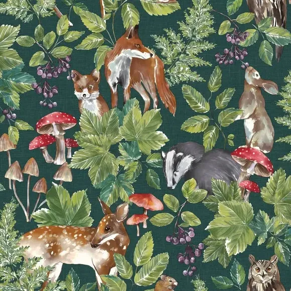 Woodland Friends Wallpaper - Green, Matt Finish