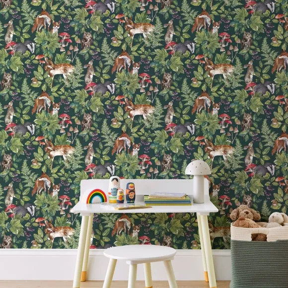 Woodland Friends Wallpaper - Green, Matt Finish