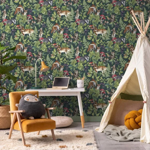 Woodland Friends Wallpaper - Green, Matt Finish image