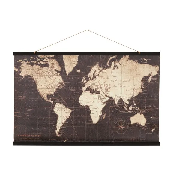 World Map Hanging Mural - Gold, Canvas