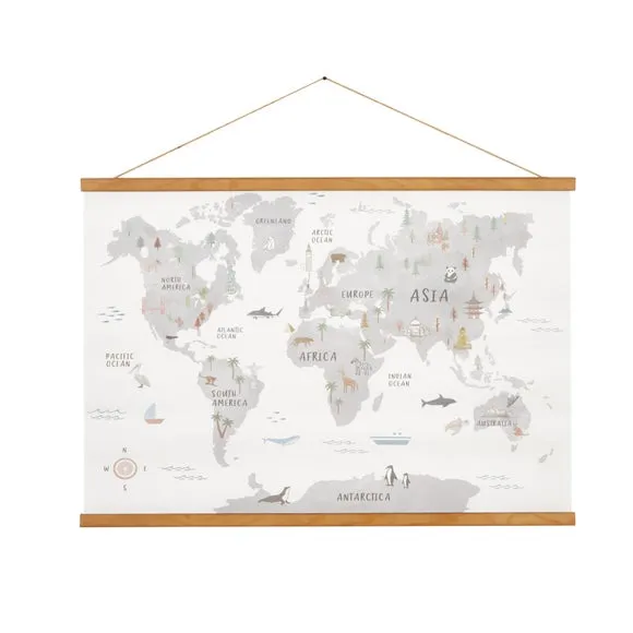 World Map Wall Hanging - Grey, Canvas