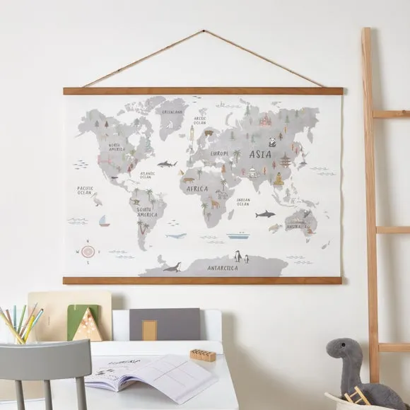 World Map Wall Hanging - Grey, Canvas