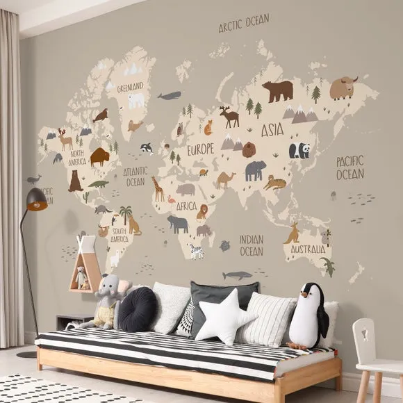 World Map Wall Mural - Natural, Non-Woven