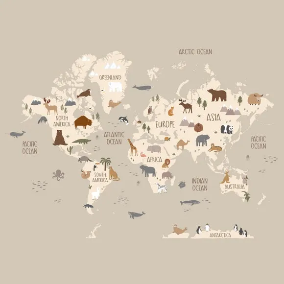 World Map Wall Mural - Natural, Non-Woven