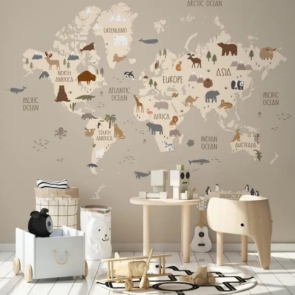 World Map Wall Mural - Natural, Non-Woven image