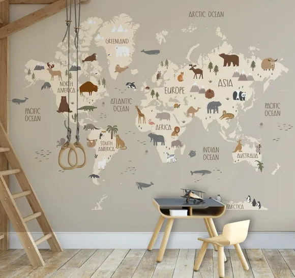 World Map Wall Mural - Natural, Non-Woven
