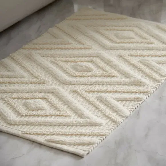 Woven Bath Mat with Tufted Detail - Cream, Cotton