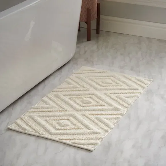 Woven Bath Mat with Tufted Detail - Cream, Cotton image