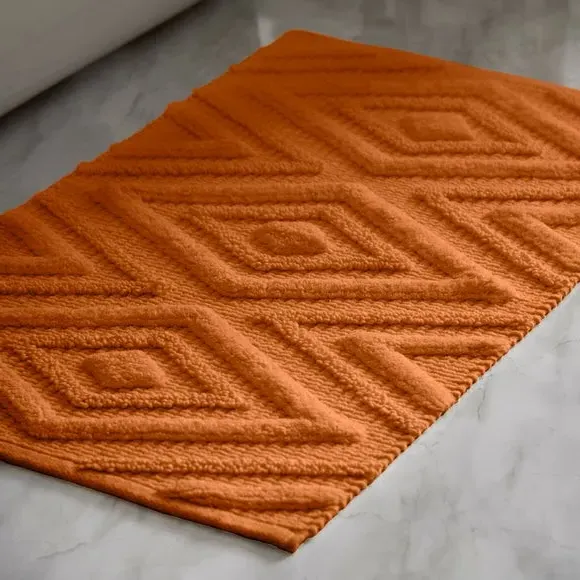 Woven Bath Mat with Tufted Detail - Orange, Cotton