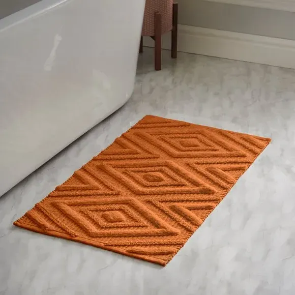 Woven Bath Mat with Tufted Detail - Orange, Cotton
