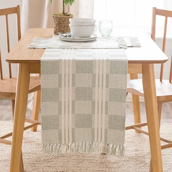 Woven Block Table Runner - Sage, Cotton