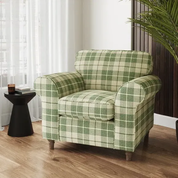 Woven Check Armchair with Curved Arms - Green image